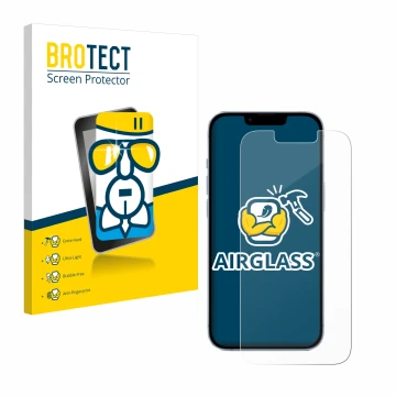 Vorderseite einer Produktverpackung mit dem Markenlogo BROTECT. Daneben ist das Gerät Apple iPhone 14 mit dem zugehörigen Disp