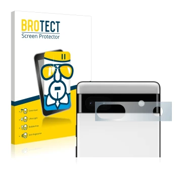 Vorderseite einer Produktverpackung mit dem Markenlogo BROTECT. Daneben ist das Gerät Google Pixel 6a (NUR Kameraschutz) mit d