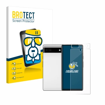 Vorderseite einer Produktverpackung mit dem Markenlogo BROTECT. Daneben ist das Gerät Google Pixel 6a (Display+Kamera) mit dem