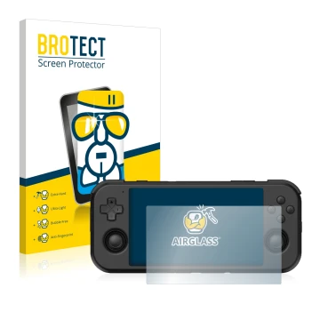 Vorderseite einer Produktverpackung mit dem Markenlogo BROTECT. Daneben ist das Gerät Retroid Pocket 3 mit dem zugehörigen Dis