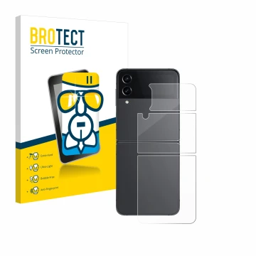 Vorderseite einer Produktverpackung mit dem Markenlogo BROTECT. Daneben ist das Gerät Samsung Galaxy Z Flip 4 (Rückseite) mit 