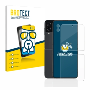 Vorderseite einer Produktverpackung mit dem Markenlogo BROTECT. Daneben ist das Gerät Samsung Galaxy Z Flip 4 (Display+Kamera)