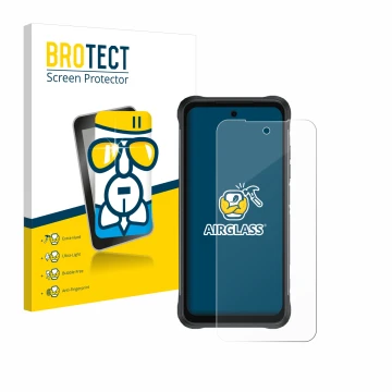 Vorderseite einer Produktverpackung mit dem Markenlogo BROTECT. Daneben ist das Gerät Umidigi Bison 2 mit dem zugehörigen Disp