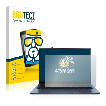 Vorderseite einer Produktverpackung mit dem Markenlogo BROTECT. Daneben ist das Gerät ASUS ZenBook S13 OLED mit dem zugehörige