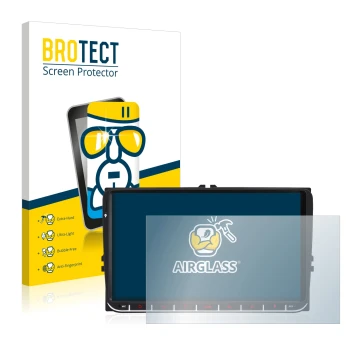 Vorderseite einer Produktverpackung mit dem Markenlogo BROTECT. Daneben ist das Gerät M.I.C. AV9V2 mit dem zugehörigen Display
