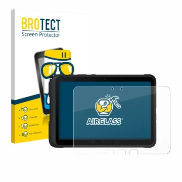 Vorderseite einer Produktverpackung mit dem Markenlogo BROTECT. Daneben ist das Gerät Samsung Galaxy Tab Active 4 Pro mit dem 
