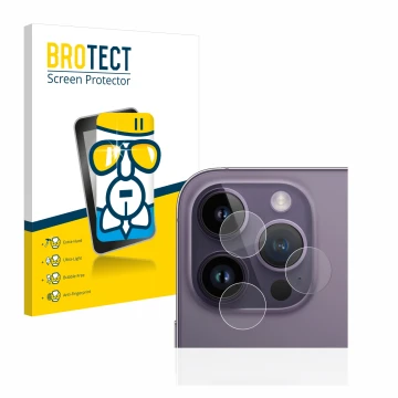 Vorderseite einer Produktverpackung mit dem Markenlogo BROTECT. Daneben ist das Gerät Apple iPhone 14 Pro (NUR Kameraschutz) m