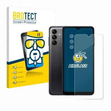 Vorderseite einer Produktverpackung mit dem Markenlogo BROTECT. Daneben ist das Gerät Samsung Galaxy A04s (Display+Kamera) mit