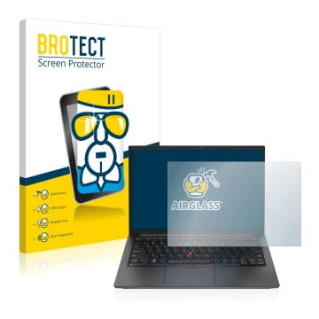 Vorderseite einer Produktverpackung mit dem Markenlogo BROTECT. Daneben ist das Gerät Lenovo ThinkPad E14 Gen 4 mit dem zugehö