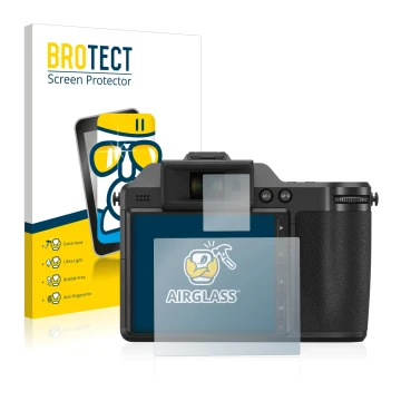 Vorderseite einer Produktverpackung mit dem Markenlogo BROTECT. Daneben ist das Gerät Fujifilm X-H2 mit dem zugehörigen Displa
