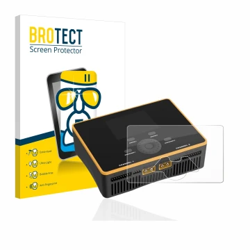 Vorderseite einer Produktverpackung mit dem Markenlogo BROTECT. Daneben ist das Gerät Junsi iCharger DX8 Duo mit dem zugehörig
