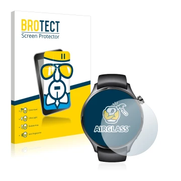 Vorderseite einer Produktverpackung mit dem Markenlogo BROTECT. Daneben ist das Gerät Xiaomi Watch S1 Pro mit dem zugehörigen 