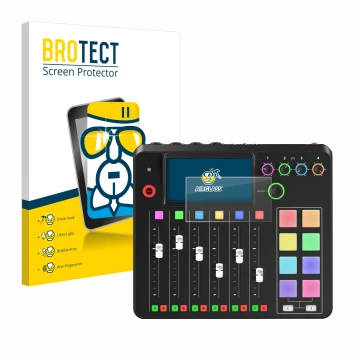 Vorderseite einer Produktverpackung mit dem Markenlogo BROTECT. Daneben ist das Gerät Rode Rodecaster Pro II mit dem zugehörig