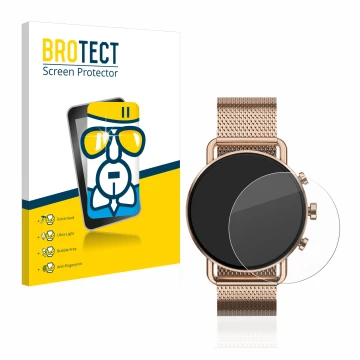 Vorderseite einer Produktverpackung mit dem Markenlogo BROTECT. Daneben ist das Gerät Skagen Falster Gen 6 (41 mm) mit dem zug