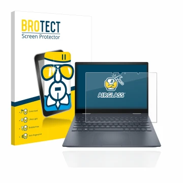 Vorderseite einer Produktverpackung mit dem Markenlogo BROTECT. Daneben ist das Gerät HP Envy x360 13-bfxxx mit dem zugehörige