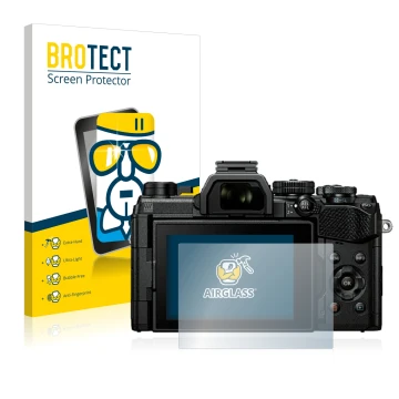 Vorderseite einer Produktverpackung mit dem Markenlogo BROTECT. Daneben ist das Gerät Olympus OM System OM-5 mit dem zugehörig