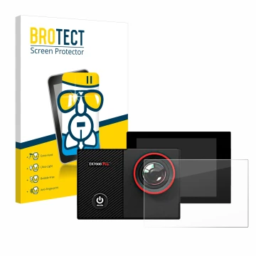 Vorderseite einer Produktverpackung mit dem Markenlogo BROTECT. Daneben ist das Gerät Akaso EK7000 Pro mit dem zugehörigen Dis