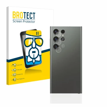 Vorderseite einer Produktverpackung mit dem Markenlogo BROTECT. Daneben ist das Gerät Samsung Galaxy S23 Ultra (NUR Kameraschu