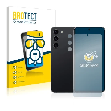 Vorderseite einer Produktverpackung mit dem Markenlogo BROTECT. Daneben ist das Gerät Samsung Galaxy S23 Plus (Display+Kamera)