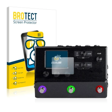 Vorderseite einer Produktverpackung mit dem Markenlogo BROTECT. Daneben ist das Gerät Line 6 hx stomp mit dem zugehörigen Disp