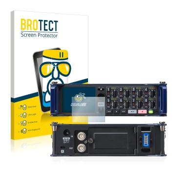 Vorderseite einer Produktverpackung mit dem Markenlogo BROTECT. Daneben ist das Gerät Zoom F8 field recorder mit dem zugehörig