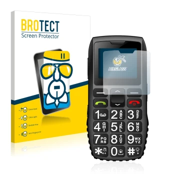 Vorderseite einer Produktverpackung mit dem Markenlogo BROTECT. Daneben ist das Gerät artfone C1 + mit dem zugehörigen Display