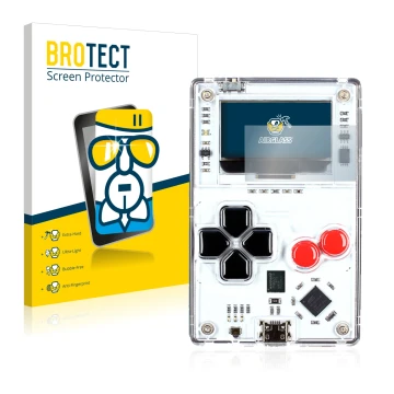 Vorderseite einer Produktverpackung mit dem Markenlogo BROTECT. Daneben ist das Gerät Arduboy FX mit dem zugehörigen Displaysc