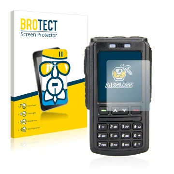 Vorderseite einer Produktverpackung mit dem Markenlogo BROTECT. Daneben ist das Gerät AnyTone BT-01 mit dem zugehörigen Displa