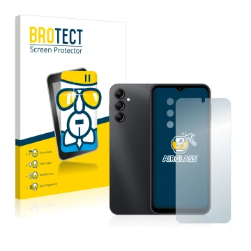 Vorderseite einer Produktverpackung mit dem Markenlogo BROTECT. Daneben ist das Gerät Samsung Galaxy A14 5G (Display+Kamera) m