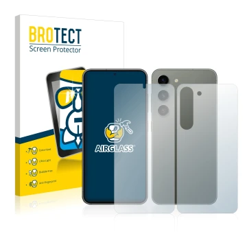 Vorderseite einer Produktverpackung mit dem Markenlogo BROTECT. Daneben ist das Gerät Samsung Galaxy S23 Plus (Display+Rücksei