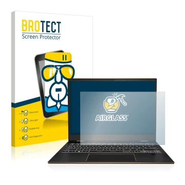 Vorderseite einer Produktverpackung mit dem Markenlogo BROTECT. Daneben ist das Gerät MSI Summit E13 Flip Evo mit dem zugehöri