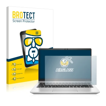 Vorderseite einer Produktverpackung mit dem Markenlogo BROTECT. Daneben ist das Gerät HP ProBook 445 G8 mit dem zugehörigen Di