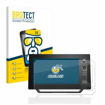 Vorderseite einer Produktverpackung mit dem Markenlogo BROTECT. Daneben ist das Gerät Humminbird Apex 13 MEGA SI+ mit dem zuge