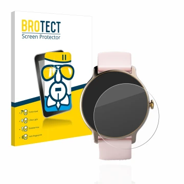 Vorderseite einer Produktverpackung mit dem Markenlogo BROTECT. Daneben ist das Gerät Hama Fit Watch 4910 mit dem zugehörigen 