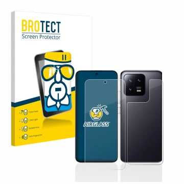 Vorderseite einer Produktverpackung mit dem Markenlogo BROTECT. Daneben ist das Gerät Xiaomi 13 (Display+Rückseite) mit dem zu