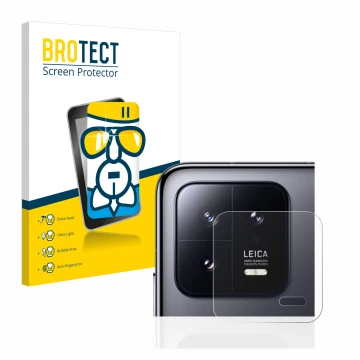 Vorderseite einer Produktverpackung mit dem Markenlogo BROTECT. Daneben ist das Gerät Xiaomi 13 (NUR Kameraschutz) mit dem zug