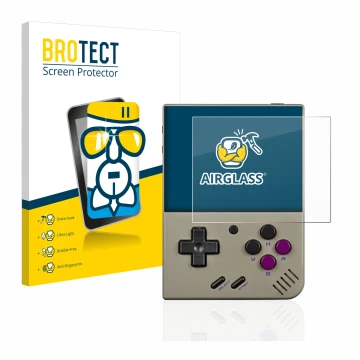 Vorderseite einer Produktverpackung mit dem Markenlogo BROTECT. Daneben ist das Gerät Miyoo Mini Plus mit dem zugehörigen Disp