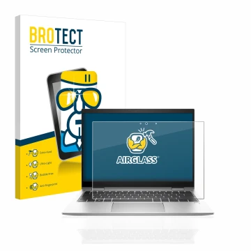 Vorderseite einer Produktverpackung mit dem Markenlogo BROTECT. Daneben ist das Gerät HP EliteBook x360 830 G9 mit dem zugehör