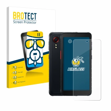 Vorderseite einer Produktverpackung mit dem Markenlogo BROTECT. Daneben ist das Gerät Samsung Galaxy XCover 5 Enterprise Editi