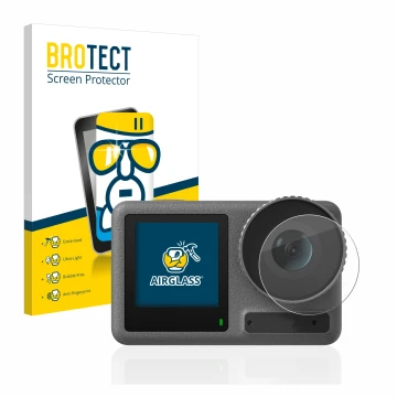 Vorderseite einer Produktverpackung mit dem Markenlogo BROTECT. Daneben ist das Gerät DJI Osmo Action 3 (Linse) mit dem zugehö