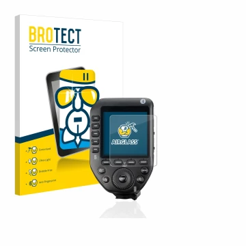 Vorderseite einer Produktverpackung mit dem Markenlogo BROTECT. Daneben ist das Gerät Godox XPro II mit dem zugehörigen Displa