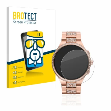 Vorderseite einer Produktverpackung mit dem Markenlogo BROTECT. Daneben ist das Gerät Michael Kors Camille Gen 6 MKT5147 mit d