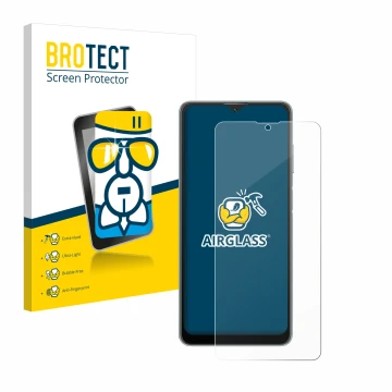 Vorderseite einer Produktverpackung mit dem Markenlogo BROTECT. Daneben ist das Gerät Blackview A53 mit dem zugehörigen Displa