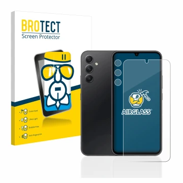 Vorderseite einer Produktverpackung mit dem Markenlogo BROTECT. Daneben ist das Gerät Samsung Galaxy A34 5G (Display+Kamera) m