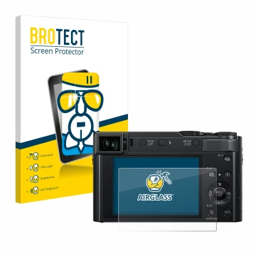 Vorderseite einer Produktverpackung mit dem Markenlogo BROTECT. Daneben ist das Gerät Panasonic Lumix DC-TZ202D mit dem zugehö