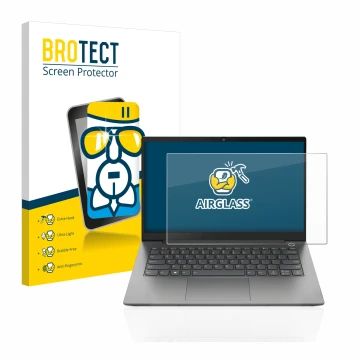 Vorderseite einer Produktverpackung mit dem Markenlogo BROTECT. Daneben ist das Gerät Lenovo ThinkBook 14 Gen 4 mit dem zugehö