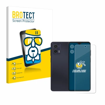 Vorderseite einer Produktverpackung mit dem Markenlogo BROTECT. Daneben ist das Gerät Motorola Moto G73 5G (Display+Kamera) mi