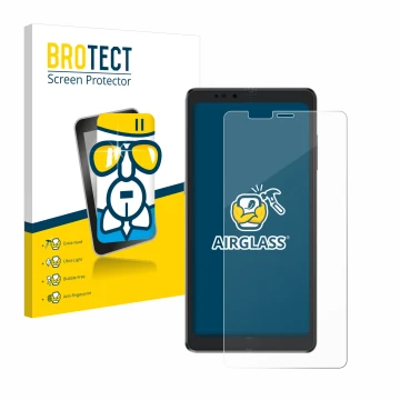 Vorderseite einer Produktverpackung mit dem Markenlogo BROTECT. Daneben ist das Gerät Hisense A9 mit dem zugehörigen Displaysc