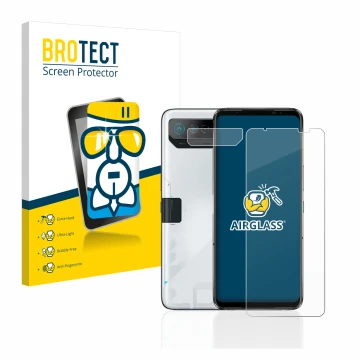 Vorderseite einer Produktverpackung mit dem Markenlogo BROTECT. Daneben ist das Gerät ASUS ROG Phone 7 (Display+Kamera) mit de