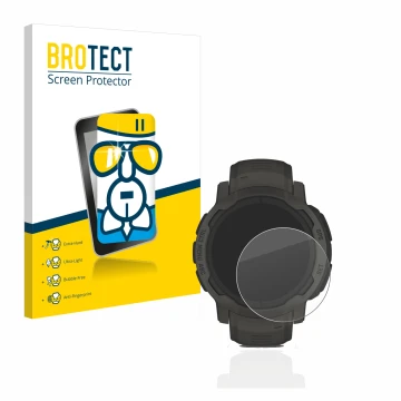 Vorderseite einer Produktverpackung mit dem Markenlogo BROTECT. Daneben ist das Gerät Garmin Instinct 2 Solar mit dem zugehöri